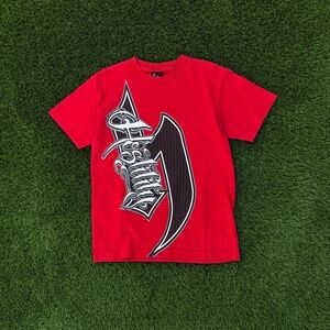 Vtg Y2k Hostility Graphic T-Shirt Double Sided Red Spellout Tee Punk Sz Small